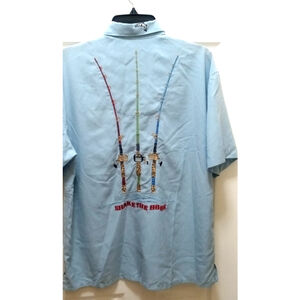 Bamboo Cay Shake the Hook Camp Shirt Blue Sailfish Short Sleeve Button Sz S